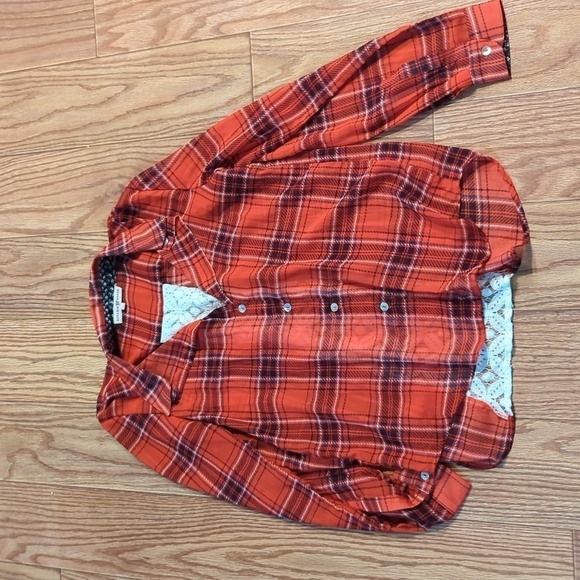 Altar'd State red plaid sheer roll-tab sleeve button-up blouse w/ lace panel, L - Picture 1 of 6